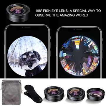 KEYWING Phone Camera Lens 3 in 1 Phone Lens Kit, 198 Fisheye Lens + 120 Super Wide-Angle Lens + 20x Macro Lens for iPhone Samsung Android Smartphone Black 3in1