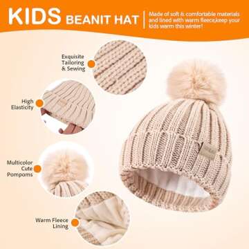 Children Winter Beanie Hat Scart Gloves Set, Kids Fleece Lined Knitted Woollen Pompom Hat for Boys G...