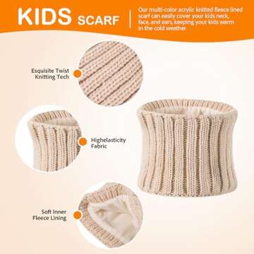 Children Winter Beanie Hat Scart Gloves Set, Kids Fleece Lined Knitted Woollen Pompom Hat for Boys Girls Toddler 3-9 Years