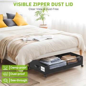 YAASHEEN Under Bed Storage with Wheels, XXL 60L Under Bed Storage Containers, under the bed storage Organizer with Clear Lids - Rolling Drawers & Bins for Clothes,Shoes,Toys, 2-Pack (Black)