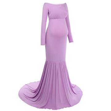 Women Off Shoulder Maternity Dress Long Sleeve Cross V Neck Slim Fitted Mermaid Half Circle Gown Formal Evening Winter Pregnancy Maxi Photography Dress for Baby Shower Photo Shoot Z#Light Purple L
