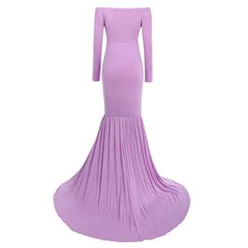 Women Off Shoulder Maternity Dress Long Sleeve Cross V Neck Slim Fitted Mermaid Half Circle Gown Formal Evening Winter Pregnancy Maxi Photography Dress for Baby Shower Photo Shoot Z#Light Purple L