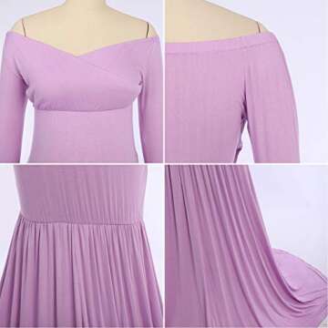 Women Off Shoulder Maternity Dress Long Sleeve Cross V Neck Slim Fitted Mermaid Half Circle Gown Formal Evening Winter Pregnancy Maxi Photography Dress for Baby Shower Photo Shoot Z#Light Purple L