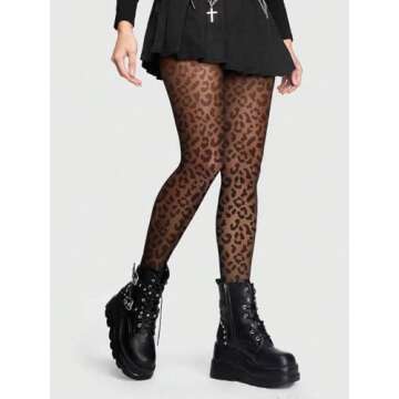 MakeMeChic Women's Leopard Print Mesh Sheer Patterned Skinny Fit Gothic Pantyhose Tights Black One-Size