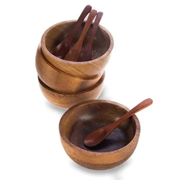 BetsySuperStore Small Round Wood Bowls | 4 Pcs Stackable Acacia Bowl Set with Spoons for Snacks and ...