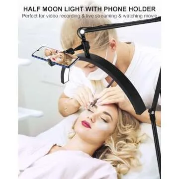 Gicrymil Half Moon Light for Lashes, Lash Light Lamp with Wheels & Phone Holder, Half Moon Lamp for Esthetician, Tattoo Lighting, Nail Tech, 7 Cool/Warm Tones, Adjustable Brightness & Height