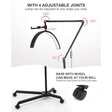 Gicrymil Half Moon Light for Lashes, Lash Light Lamp with Wheels & Phone Holder, Half Moon Lamp for Esthetician, Tattoo Lighting, Nail Tech, 7 Cool/Warm Tones, Adjustable Brightness & Height