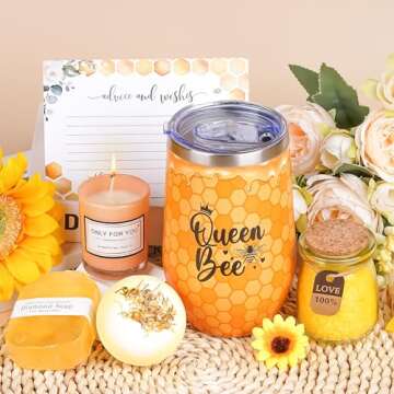 Bee Birthday Gifts for Women - Bee Lover Gift for Happy Bee Day Relaxing Spa Tumbler Bath Bomb Sentend Candle, Yellow Gift Box for Volunteers Employee Mom Friends Sister Best Friend Teacher Wife