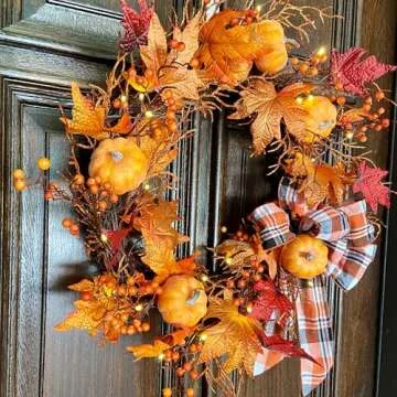 Haute Decor Lighted Wreath with Auto Timer 24 Inch Halloween Pumpkin Plaid Harvest Wreath - Natural Grapevine with 30 Warm White LED Lights - Fall Front Door Decor
