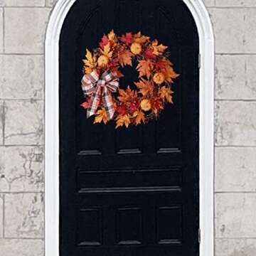 Haute Decor Lighted Wreath with Auto Timer 24 Inch Halloween Pumpkin Plaid Harvest Wreath - Natural Grapevine with 30 Warm White LED Lights - Fall Front Door Decor