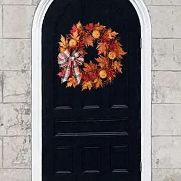 Haute Decor Lighted Wreath with Auto Timer 24 Inch Halloween Pumpkin Plaid Harvest Wreath - Natural Grapevine with 30 Warm White LED Lights - Fall Front Door Decor