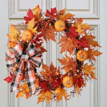 Haute Decor Lighted Wreath with Auto Timer 24 Inch Halloween Pumpkin Plaid Harvest Wreath - Natural Grapevine with 30 Warm White LED Lights - Fall Front Door Decor