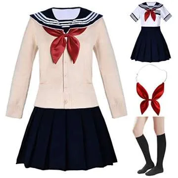 Elibelle Japanese School Girls Short Sleeve Uniform Sailor Navy Blue Pleated Skirt Anime Cosplay Cos...