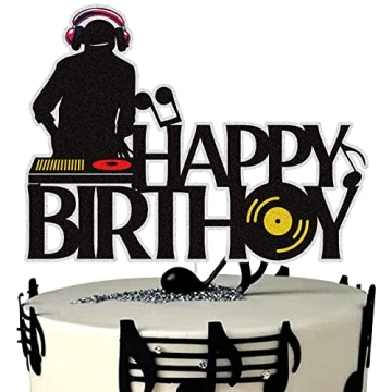 DJ Happy Birthday Cake Topper Black Glitter Disco Hip Hop Cake Decoration Rock DJ Theme Birthday Par...