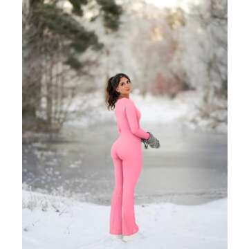 OQQ Women Yoga Jumpsuits Ribbed Exercise Long Sleeve Tops Bell Bottoms Flare Jumpsuits Candypink