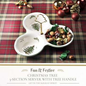 Spode Christmas Tree 3 Section Server with Tree Handle - Divided Serving Tray for Nuts, Candies, Con...