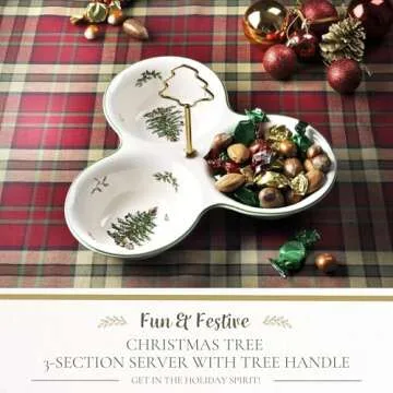 Spode Christmas Tree 3 Section Server with Tree Handle - Divided Serving Tray for Nuts, Candies, Con...