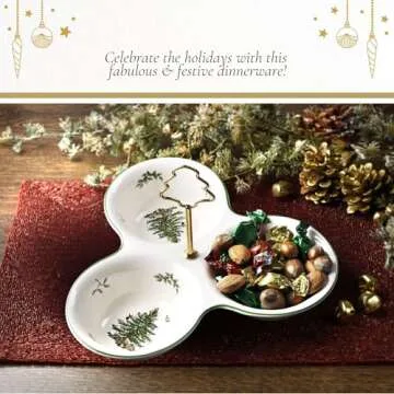 Spode Christmas Tree 3 Section Server with Tree Handle - Divided Serving Tray for Nuts, Candies, Condiments, Holiday Treats - Festive Earthenware Tableware for Seasonal Entertaining and Hosting