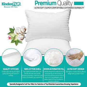 kinder Fluff Toddler Pillow (2pk) - The only Pillow for Kid 300T Soft Cotton & Down Alternative, Hypoallergenic & Machine Washable. Ideal Small Pillow for Toddler Bed & Travel pillow (13x18in - White)