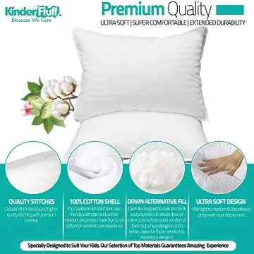 kinder Fluff Toddler Pillow (2pk) - The only Pillow for Kid 300T Soft Cotton & Down Alternative, Hypoallergenic & Machine Washable. Ideal Small Pillow for Toddler Bed & Travel pillow (13x18in - White)