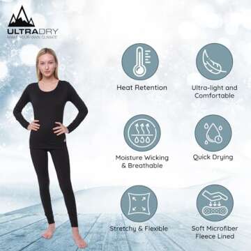 Women's Thermal Set, Lightweight Ultra Soft Fleece Shirt and Tights, Black, L