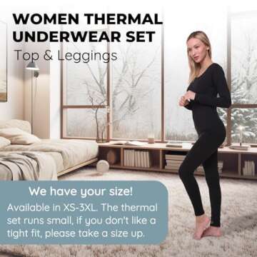 Women's Thermal Set, Lightweight Ultra Soft Fleece Shirt and Tights, Black, L