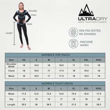 Women's Thermal Set, Lightweight Ultra Soft Fleece Shirt and Tights, Black, L