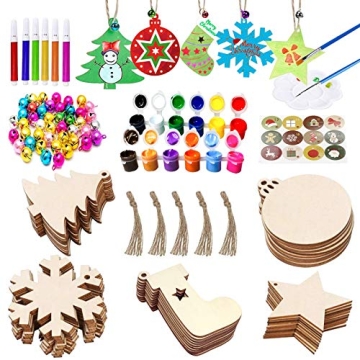 VLUSSO 50Pcs Unfinished Wooden Christmas Ornaments 5 Styles Christmas Tree Ornaments Decorations - D...