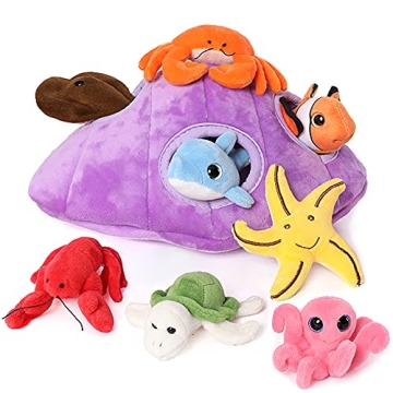 Muiteiur Plush Soft Ocean Animals Set with Plush Sea Shell House Includes Stuffed Turtle, Lobster, C...