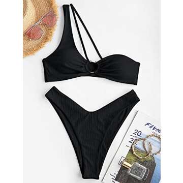 ZAFUL Ribbed O-Ring Bikini Sets for Women One Shoulder Cheeky Swimwear Colorblock Swimsuits