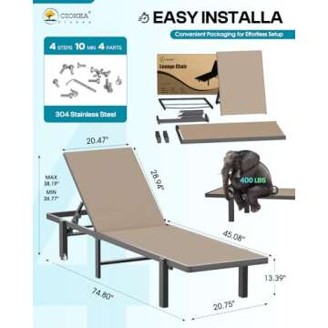CIOKEA Adjustable Aluminum Chaise Lounge Chair for Outdoor Relaxation with Wheels and Easy Maintenan...