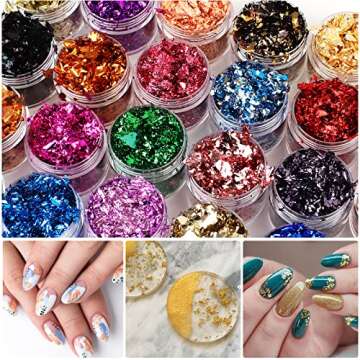 Mingjieus Gold Foil Flakes, 24 Color, Metallic Foil Flakes, Gilding Flakes, Gold Leaf Flakes, Gold Flakes for Resin, Nails, Painting, Crafts