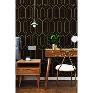 Safiyya Peel and Stick Wallpaper Geometric Wallpaper Gold and Black Contact Paper Gold Black Textured Wallpaper Self Adhesive Removable Wallpaper for Wall Furniture Vinyl Roll 118"x17.3"