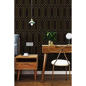 Safiyya Peel and Stick Wallpaper Geometric Wallpaper Gold and Black Contact Paper Gold Black Textured Wallpaper Self Adhesive Removable Wallpaper for Wall Furniture Vinyl Roll 118"x17.3"