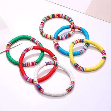 XOCARTIGE Surfer Heishi Bracelets for Women Stackable Rainbow Vinyl Disc Clay Beaded Stretch Bracelets Elastic Layering Friendship Bracelets Boho Summer Beach Jewelry (Style C)