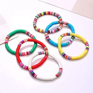 XOCARTIGE Surfer Heishi Bracelets for Women Stackable Rainbow Vinyl Disc Clay Beaded Stretch Bracelets Elastic Layering Friendship Bracelets Boho Summer Beach Jewelry (Style C)