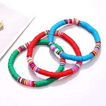 XOCARTIGE Surfer Heishi Bracelets for Women Stackable Rainbow Vinyl Disc Clay Beaded Stretch Bracelets Elastic Layering Friendship Bracelets Boho Summer Beach Jewelry (Style C)