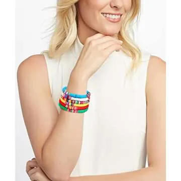 XOCARTIGE Surfer Heishi Bracelets for Women Stackable Rainbow Vinyl Disc Clay Beaded Stretch Bracelets Elastic Layering Friendship Bracelets Boho Summer Beach Jewelry (Style C)