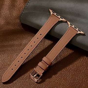Charlam Slim Leather Band Compatible with Apple Watch Band 40mm 38mm 41mm 42mm 44mm 45mm 46mm Women,Top Grain Genuine Leather Strap Thin Wristband for iWatch Series 10 9 8 7 6 5 4 3 2 1 SE Ultra,Brown