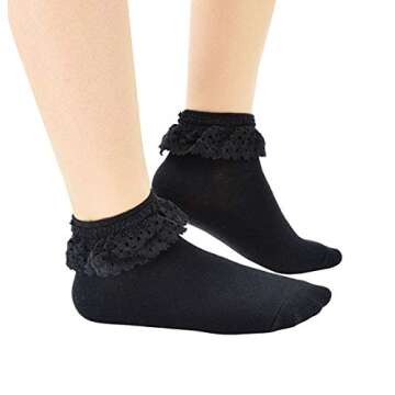 SRYL Women Lace Ankle Socks Ruffle Frilly Cotton Socks Trim Lace,Anklet socks Dress Socks Women or Girls,H04 (3 Pairs-Black)