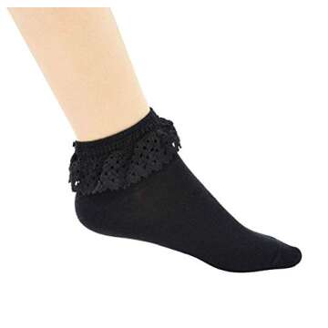 SRYL Women Lace Ankle Socks Ruffle Frilly Cotton Socks Trim Lace,Anklet socks Dress Socks Women or Girls,H04 (3 Pairs-Black)
