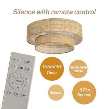 Stymon 20" Bamboo Flush Mount Ceiling Fan with Light and Remote Control.Boho Chic Wicker Rattan Caged Fandelier for Bedroom Indoor Kitchen