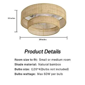 Stymon 20" Bamboo Flush Mount Ceiling Fan with Light and Remote Control.Boho Chic Wicker Rattan Caged Fandelier for Bedroom Indoor Kitchen