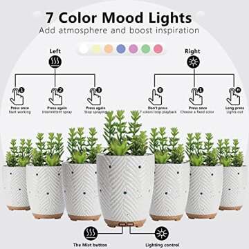 Artificial Succulent Plants Potted Diffusers for Essential Oils with 7 Colors LED Light,Ceramic Cool Mist Super Quiet Aromatherapy Diffuser for Home Office Bedroom