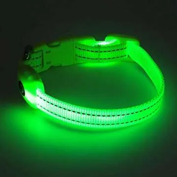 BSEEN Adjustable LED Dog & Cat Collar - Rechargeable, Small Breeds, Green, 8.5-11.8 inches, Nylon, Lightweight, Reflective, 2 Flash Modes