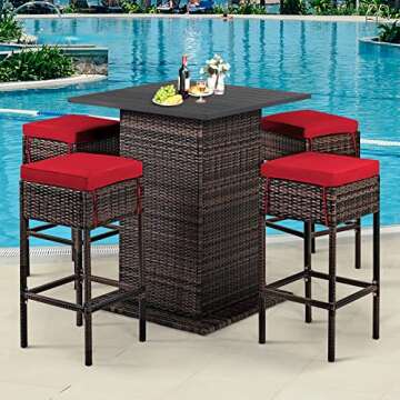Tangkula 5 Piece Outdoor Rattan Bar Set, Patio Bar Furniture with 4 Cushions Stools and Smooth Top Table with Hidden Storage Shelf, Outdoor Conversation Set for Poolside, Backyard, Lawn (Red)