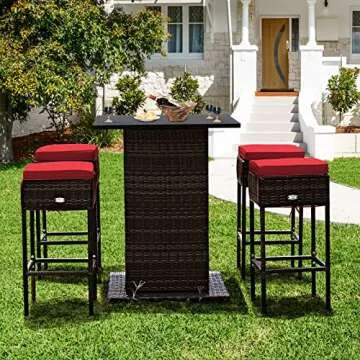 Tangkula 5 Piece Outdoor Rattan Bar Set, Patio Bar Furniture with 4 Cushions Stools and Smooth Top Table with Hidden Storage Shelf, Outdoor Conversation Set for Poolside, Backyard, Lawn (Red)