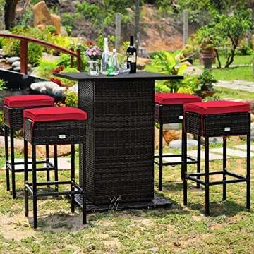 Tangkula 5 Piece Outdoor Rattan Bar Set, Patio Bar Furniture with 4 Cushions Stools and Smooth Top Table with Hidden Storage Shelf, Outdoor Conversation Set for Poolside, Backyard, Lawn (Red)