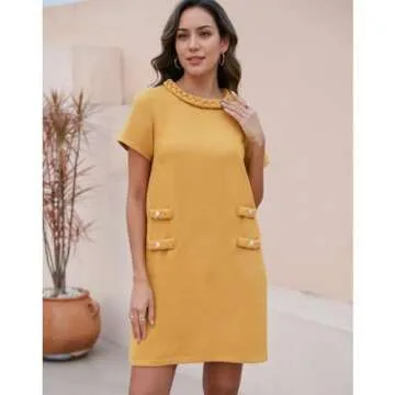 Yioaga Womens Tweed Jackie Dress Elegant Crew Neck Short Sleeve Button Bodycon Mini Dress(Gamboge,XS)