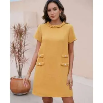 Yioaga Womens Tweed Jackie Dress Elegant Crew Neck Short Sleeve Button Bodycon Mini Dress(Gamboge,XS)